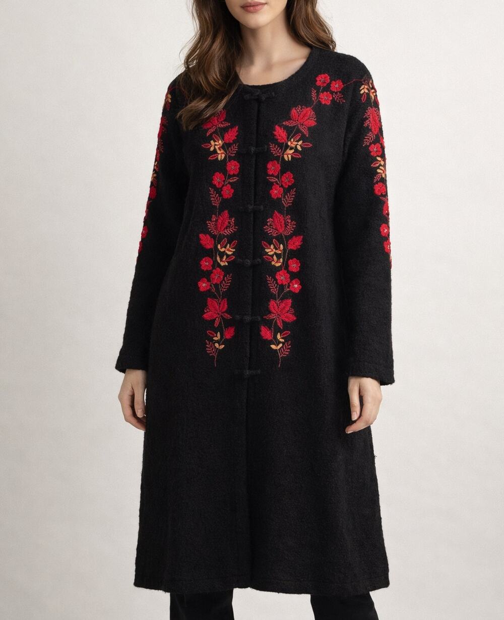 Coldwater Creek Embroidered Floral 100% Wool Long Cardigan Velvet Sweater Topper